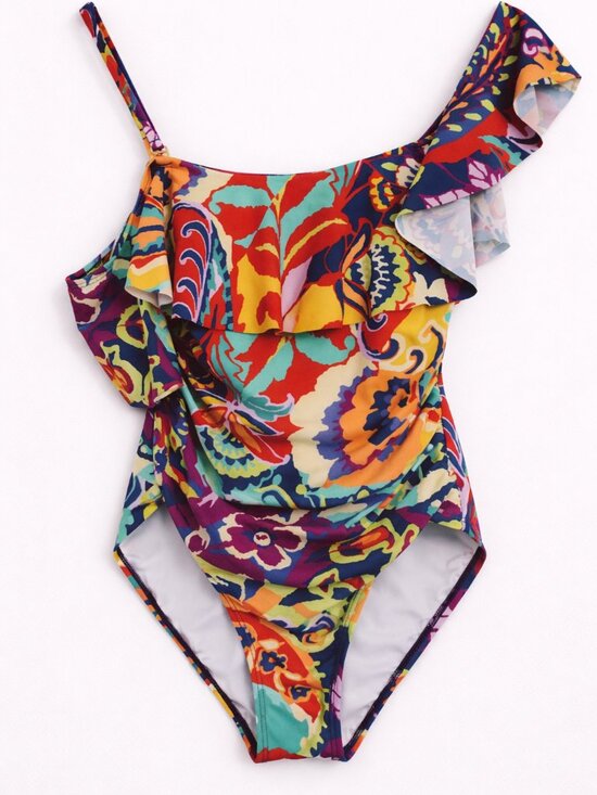 Tahari Other - Tahari One Shoulder Ruffle Swimsuit Multicolor Print Size Small